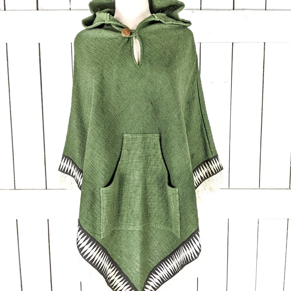 Dark green cotton tribal hooded tassel poncho